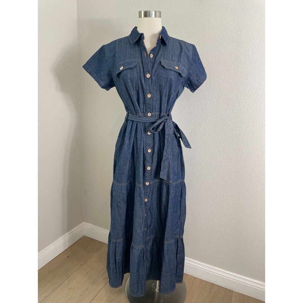 Chambray Maxi Shirt Dress with Tie Waist